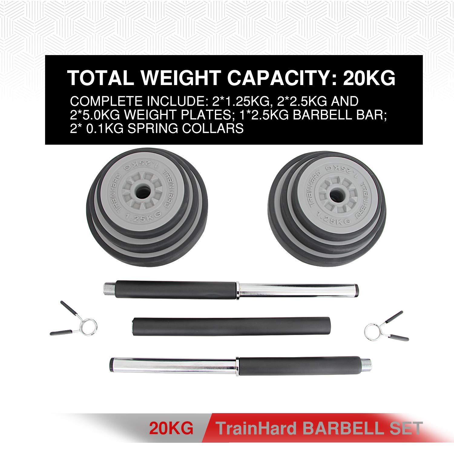 TrainHard 20 kg Hantelset mit federgeschlossenen Hantelstangen inklusive 6 Hantelscheiben, 140 cm Langhantelstangen, Gewichtheben, Fitness-Krafttraining, Nackenschutz, Rutschfestigkeit und Schutzboden