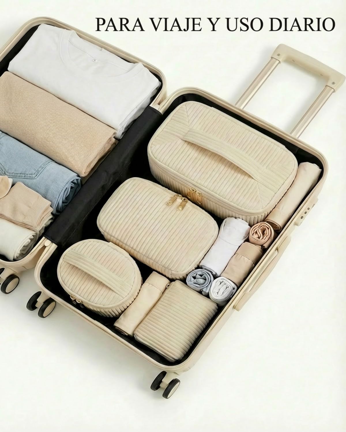 Set de 4 Neceseres Maquillaje Mujer de Nailon con Asa, Estuche Cosméticos Grande Mediano Pequeño Mini, Organizador de Viaje y Uso Diario, Beige