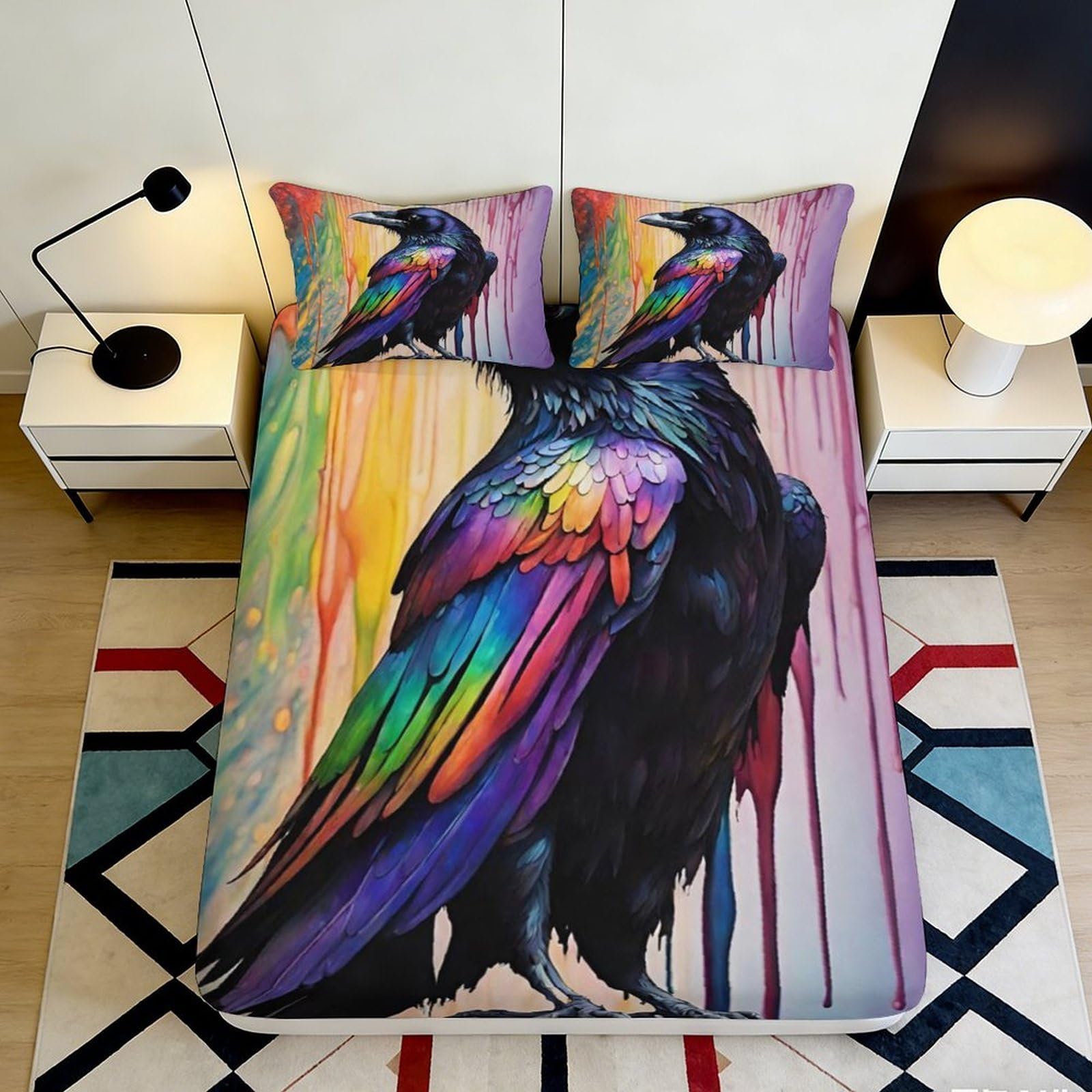 Pnayamiorkfel Style-1 3D Printed Colorful Raven Fitted Sheet Microfiber Soft Artistic Bird Bed Cover For Bedroom Dorm Protection Decor 90X200x25cm