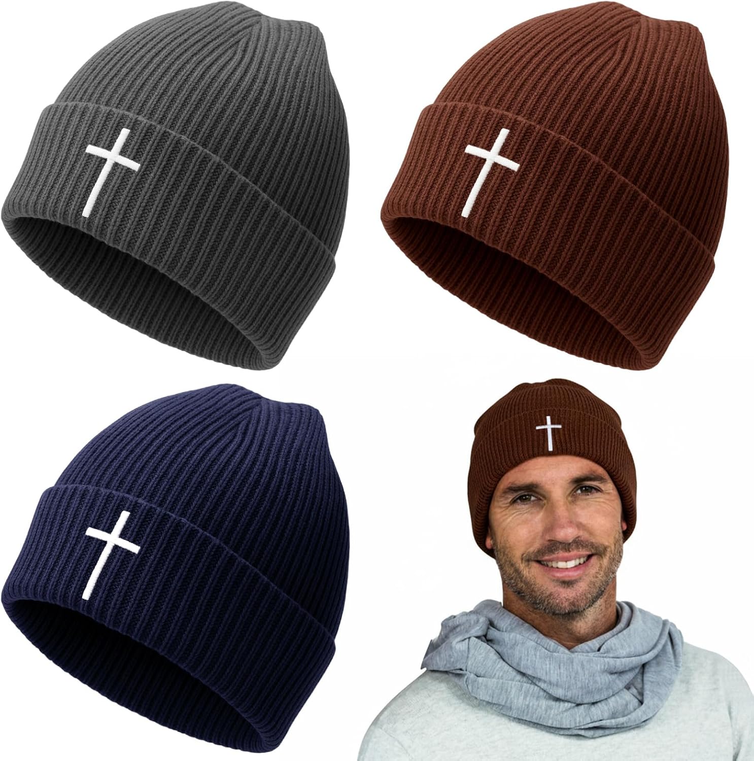 Berlune 3 Pcs Christian Cross Beanie Religious Beanie Winter Hat with Cross Pattern for Men Women Catholic Saint God