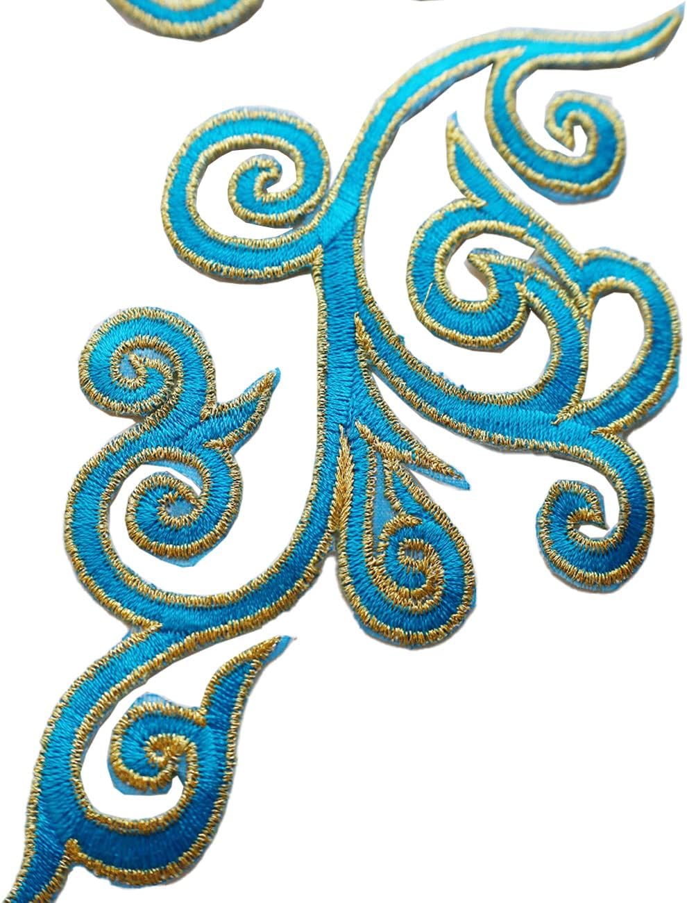 5 Pairs Embroidered Fancy Baroque Applique Swirl Iron on Patches Scroll Badge with Gold Trimming for Wedding Gown Dress Shoe Shirt Borders (Sky Blue)