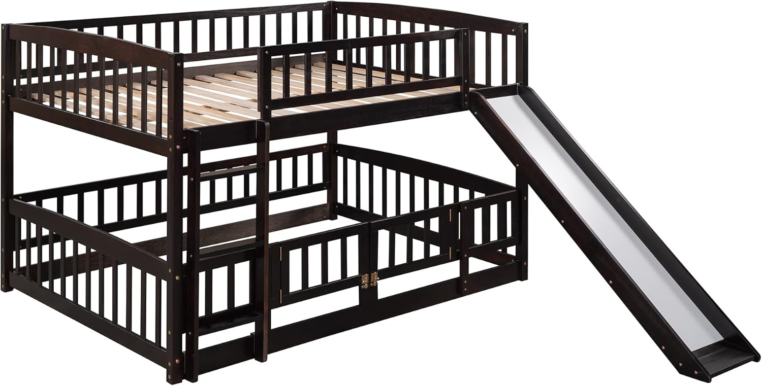 Bunk Bed with Slide,Full Over Full Low Bunk Bed with Fence and Ladder for Toddler Kids Teens Espresso