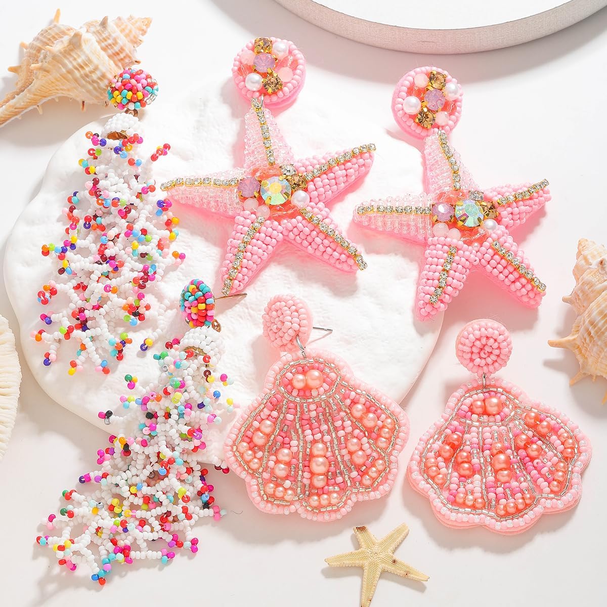 3 Pairs of Pink Beaded Starfish Seashell Coral Earrings Set for Women, Light Dainty Shellfish Dangle Earring for Boho Summer Beach Nautical Jewelry Gift