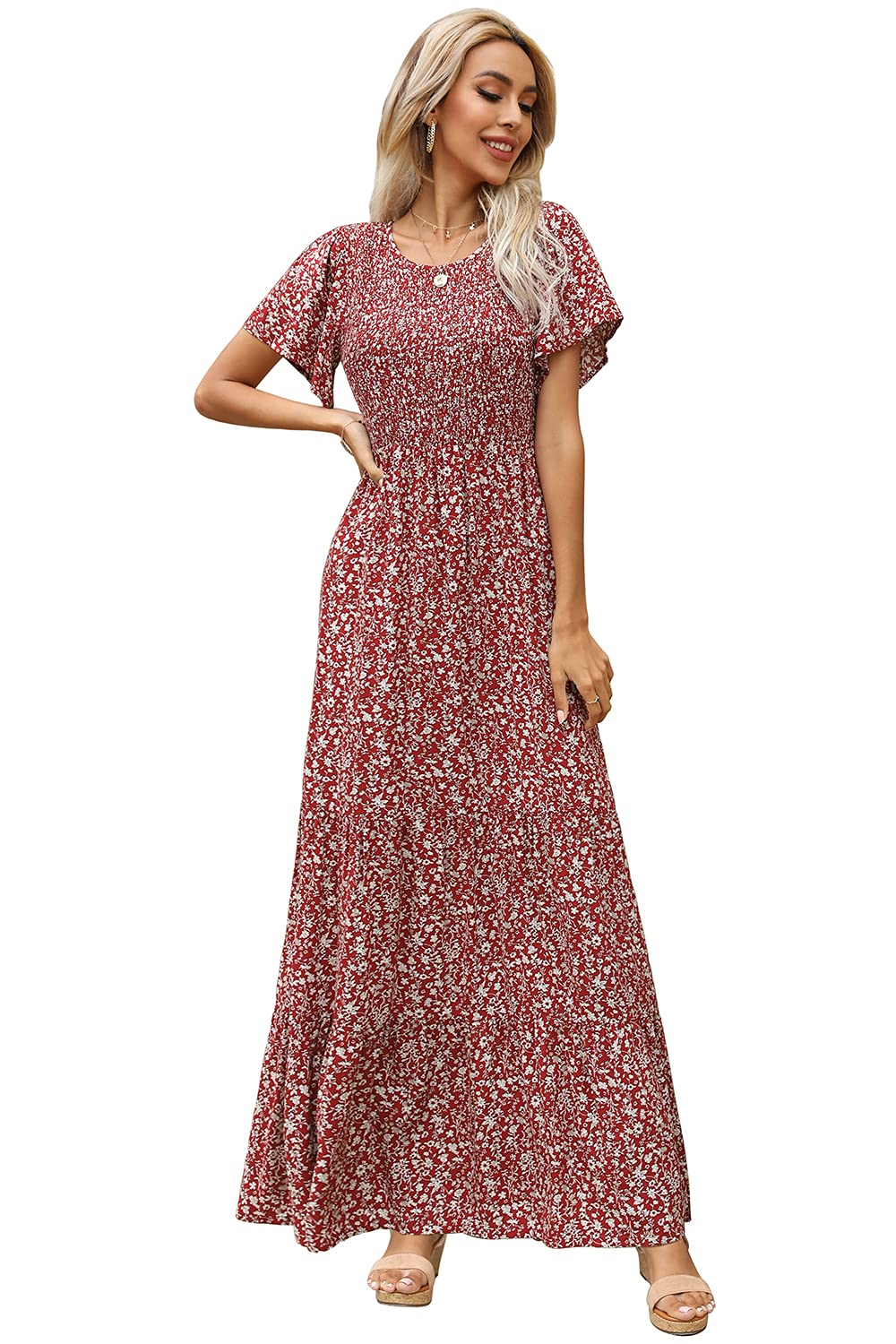Kranda Women 2025 Summer Fall Crewneck Short Sleeve Smocked Floral Maxi Dress