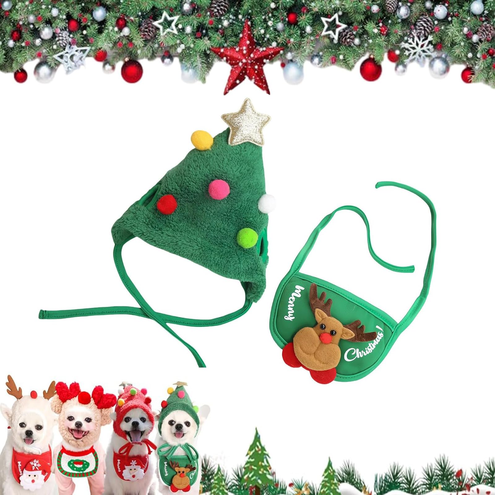 Adorable Christmas Tree Pom-Pom Hat, Dog Santa Hat, Christmas Tree Hats for Pets, Adjustable Cat Dog Santa Collar, Dogs and Cats Costumes (Style-A,Small)