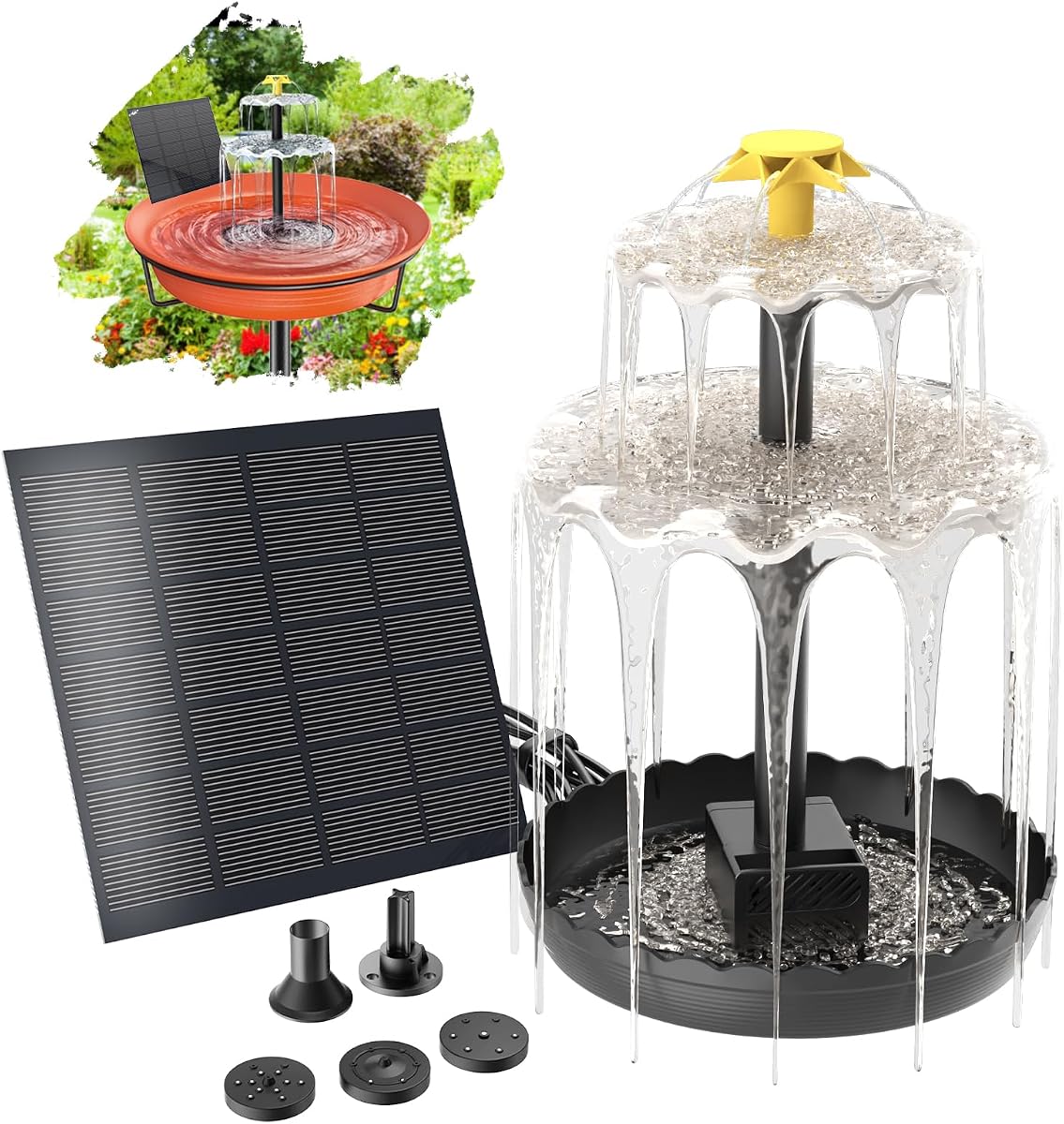 Bomba de fuente solar para baño de pájaros, juego de bomba de agua con función de cascada con energía solar, fuente solar de bricolaje desmontable y adecuada para decoración de jardín de pájaros, comedero de pájaros al aire libre (3 niveles)
