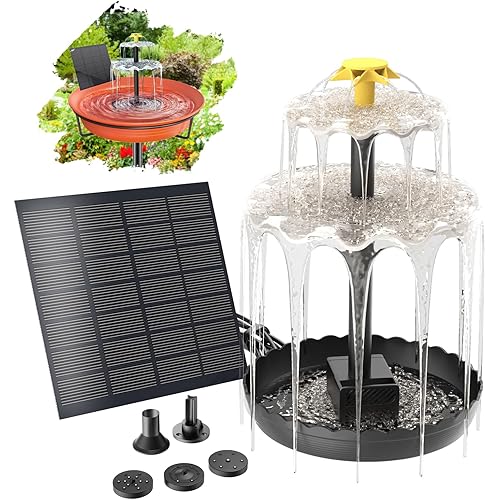 Bird Bath Solar Fountain Pump, Water Pump Set Solar Powered Waterfall Featur, DIY Solar Fountain Detachable and Suitable for Birdbath Garden Decoration Outdoor Bird Feeder (3-Tier)