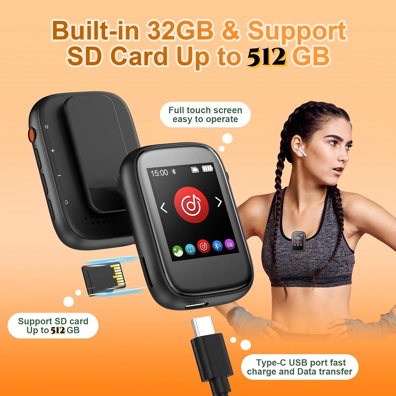 Portable Kids Mp3 Player with Clip on Back,Small Music Player with Bluetooth 5.3,Touch Screen,Biult-in Voice Record FM Radio,Micro SD Card Slot and Speaker for Outdoors Sports,Max 512GB Expand