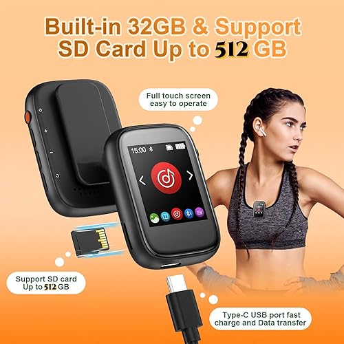 Miniatura 3 de Reproductor Mp3 portátil para niños con clip en la parte posterior, pequeño reproductor de música con Bluetooth 5.3, pantalla táctil, radio FM con