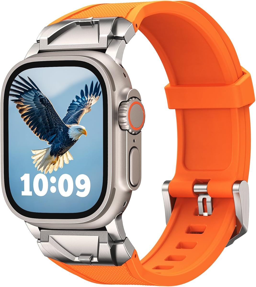 SUNFWR Compatible with Apple Watch Band Ultra 3/2/1 49mm 46mm 45mm 44mm 42mm Men，Rugged Silicone Rubber Sport Strap with Metal Connector for iWatch SE 3/2/1 Series 11 10 9 8 7 6 5 4 3 2 1, Orange/Titanium