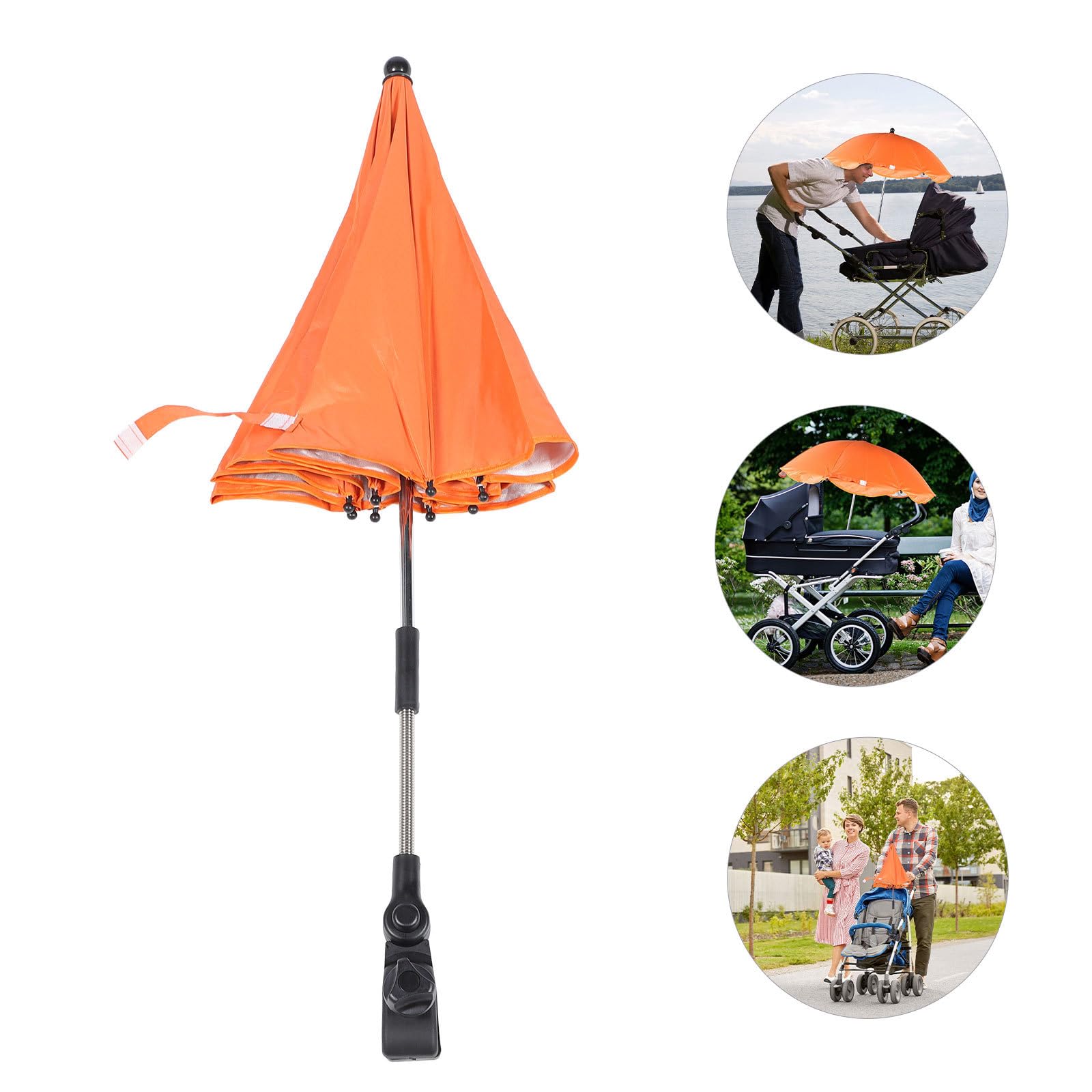 Parapluie Poussette Bébé Pince Réglable, Parasol Protection UV Upf 50 Argenté, Ombrelle Orange pour Poussette, Chaise Roulante et Vélo, Pare-soleil Amovible pour Extérieur
