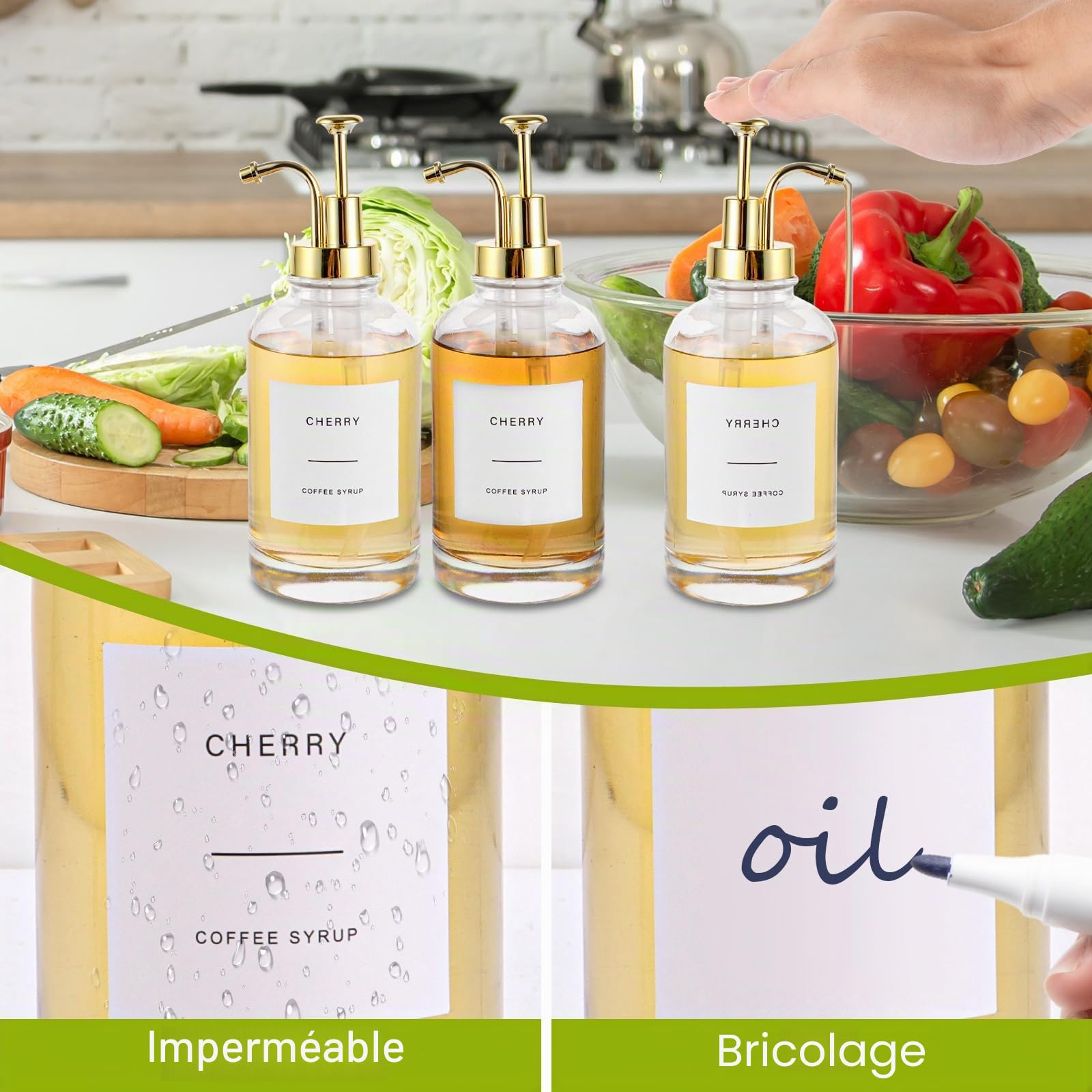 DAJAVE Lot de 2 distributeurs de sirop de café de 500 ml avec étiquettes et entonnoir, distributeur de sirop de café, bouteilles en verre pour organiser l'huile, le vinaigre, le savon, les liquides