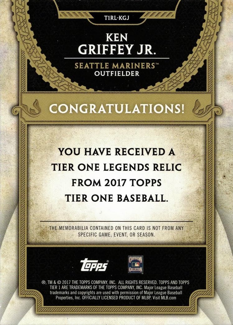 2017 Topps Tier One Relics Legends #T1RL-KGJ Ken Griffey Jr. Game Worn Mariners Jersey Baseball Card - Gray Jersey Swatch - Only 200 made