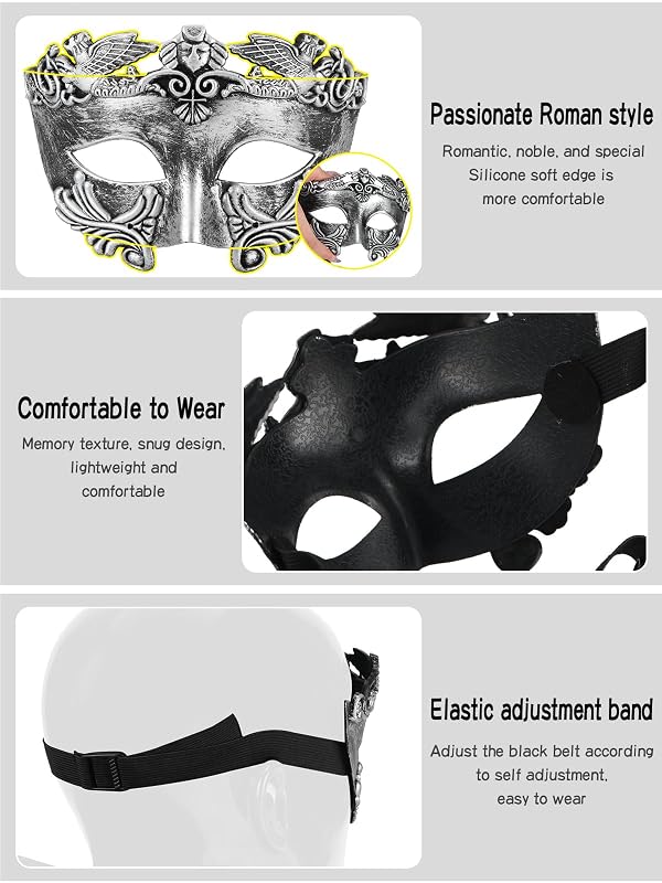 Guayma Masquerade Mask for Men/Women-Roman Greek Venetian Half Face Mask For Halloween Mardi Gras Costume Party Prom Ball (02-Silver) by Guayma - Image 4