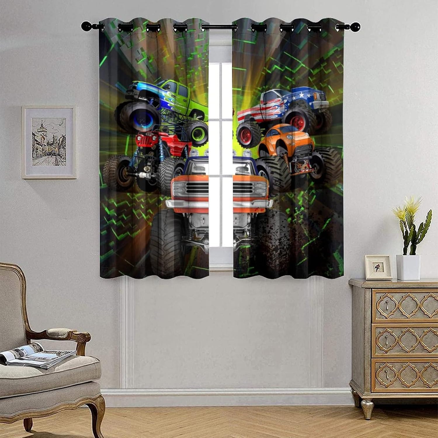 Cool Cartoon Monster Truck Ultra Soft Premier Blackout Curtains,Kids Boys Shabby Monster Trucks PrintThermal Insulated Bedroom Noise Reducing Patio Door Grommet Top,2 Panels 63L x 21W