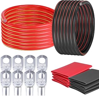 HBU 1/0 Gauge Car Battery Cable Kit - 5.5 Feet Each, Black & Red - Copper Clad Aluminum Wire with Lugs & Tubes - Vehicle, Truck, RV, Solar Power Welding Cables