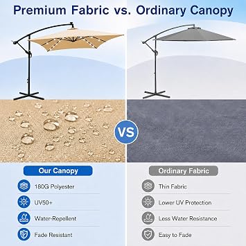 10x6.5FT Patio Umbrella, Outdoor Offset Umbrella with Cross Base and Crank, Rectangular Cantilever Umbrella with Solar Lights, Hanging Market Umbrella with 6 Rids for Pool, Deck, Backyard (Tan)