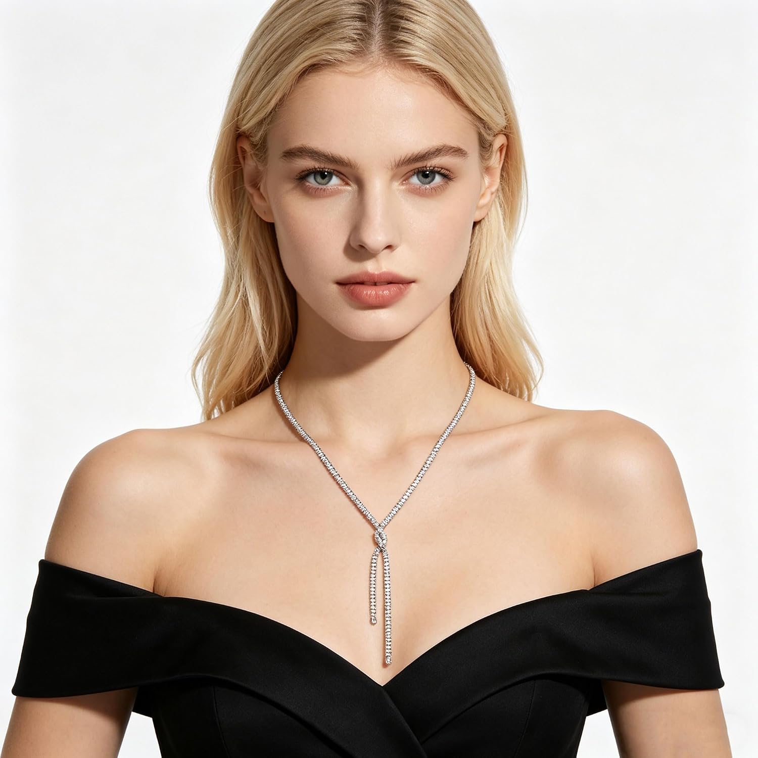 HZMAN Y-Drop Lariat Necklace for Women, Brass with Sparkling Crystal Tennis Chain, Lightweight Elegant Y Shape Necklace for Wedding Party Daily Wear