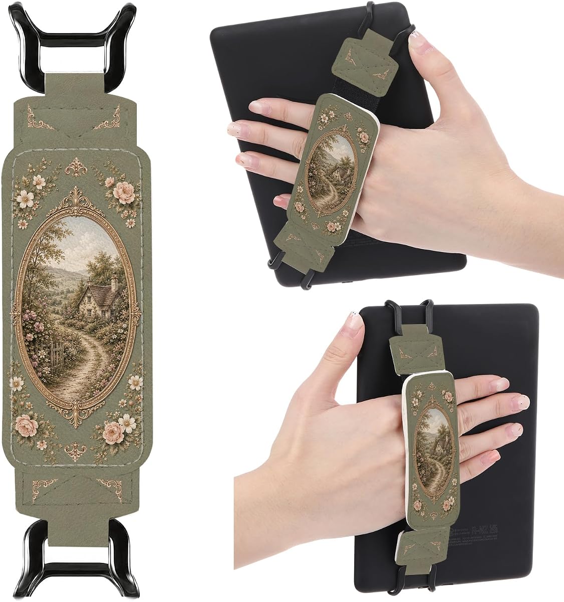 Hand Strap for Kindle - Vintage Green Floral Holder Finger Grip | Cottagecore Secure E-reader Tablets Accessories for 6-8" Paperwhite 12th/11th Gen/iPad Mini/Kobo E-Book Bookish Reading Gifts
