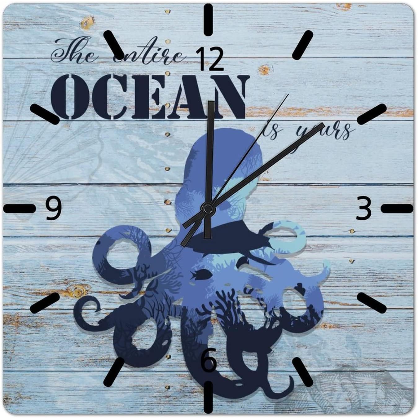 Nautical Wood Wall Clock 15in Octopus Silhouette Wall Clock Quartz Analog Battery Operated Ocean Wall Art for Beach House Hallway Bedroom Hotel Thanksgiving Day Gift Cafe