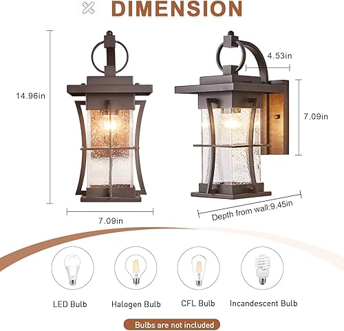 Miniatura 4 de Oil Rubbed Bronze Outdoor Light Sconces Wall Mount Matte Brown Outdoor Wall Lamp Large Exterior Porch Wall Lantern with Seeded Glass 15" Outside