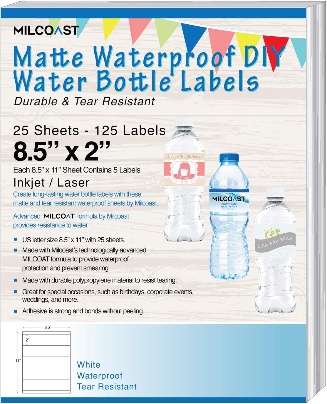 Milcoast Matte Waterproof Tear Resistant DIY Water Bottle Labels 8.5" x 2" for Inkjet/Laser Printers - 125 Labels (25 Sheets)