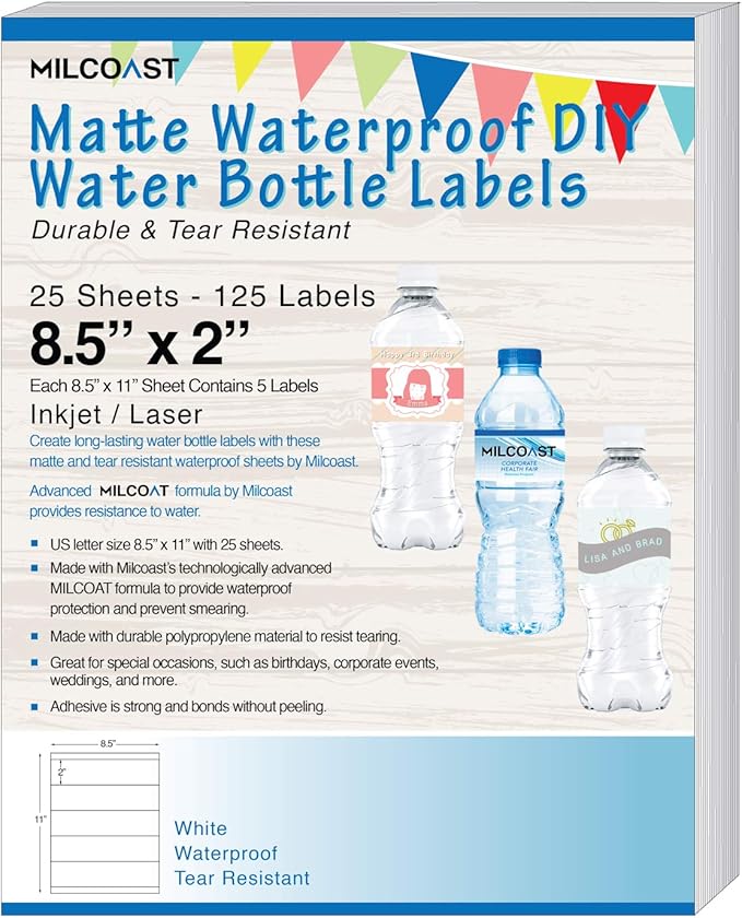 Milcoast Matte Waterproof Tear Resistant DIY Water Bottle Labels 8.5