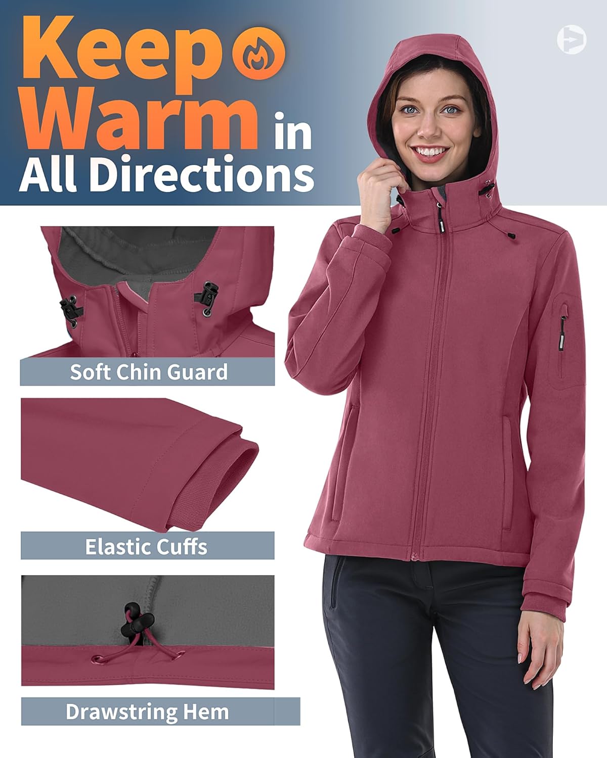 Outdoor Ventures Women's Softshell Jacket with Hood Fleece Lined Warm Lightweight Waterproof Insulated Windbreaker - Image 4