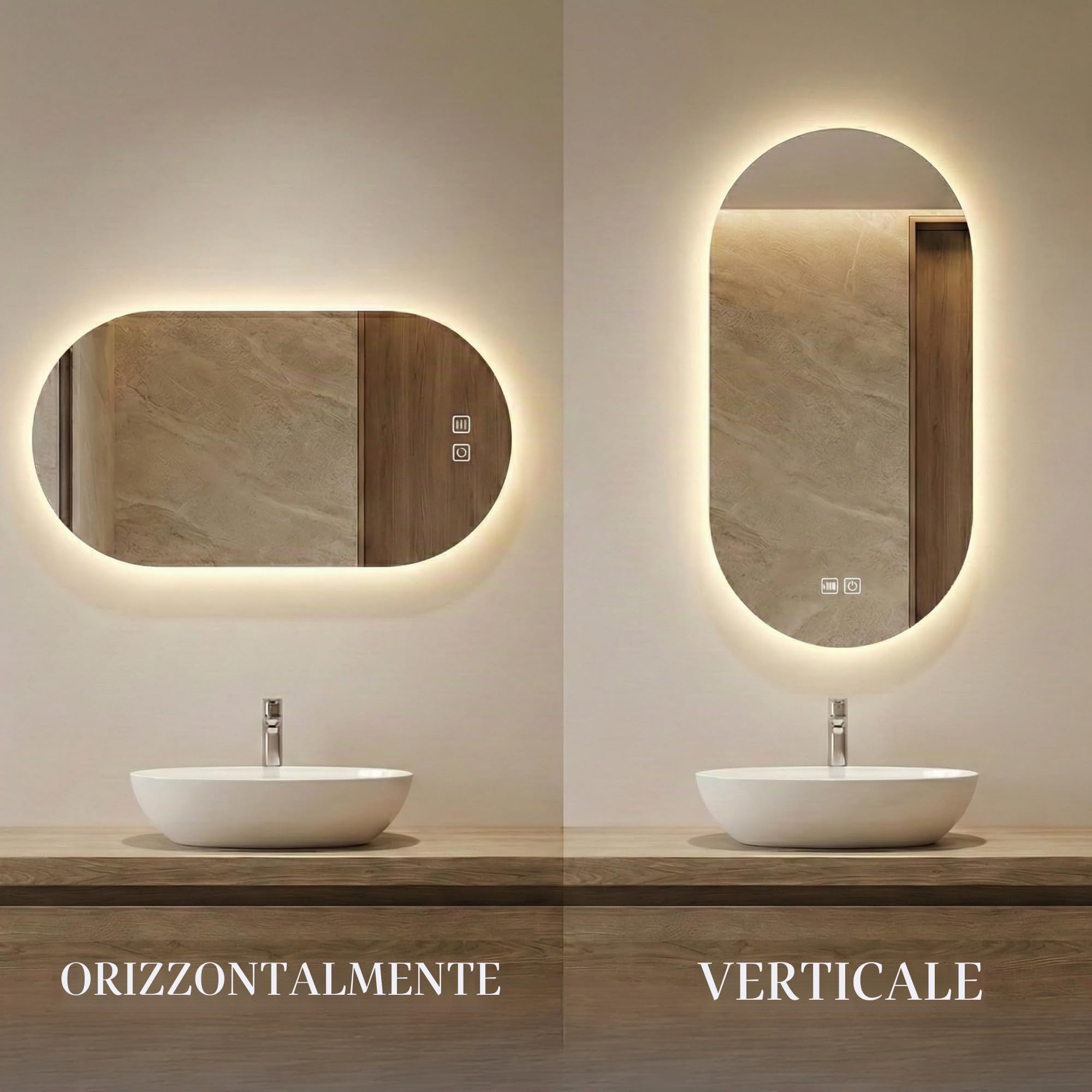 Bayt Specchio da bagno - Specchio da parete ovale con illuminazione - Antiappannamento - 2 modalità di illuminazione - 50x90cm - bianco