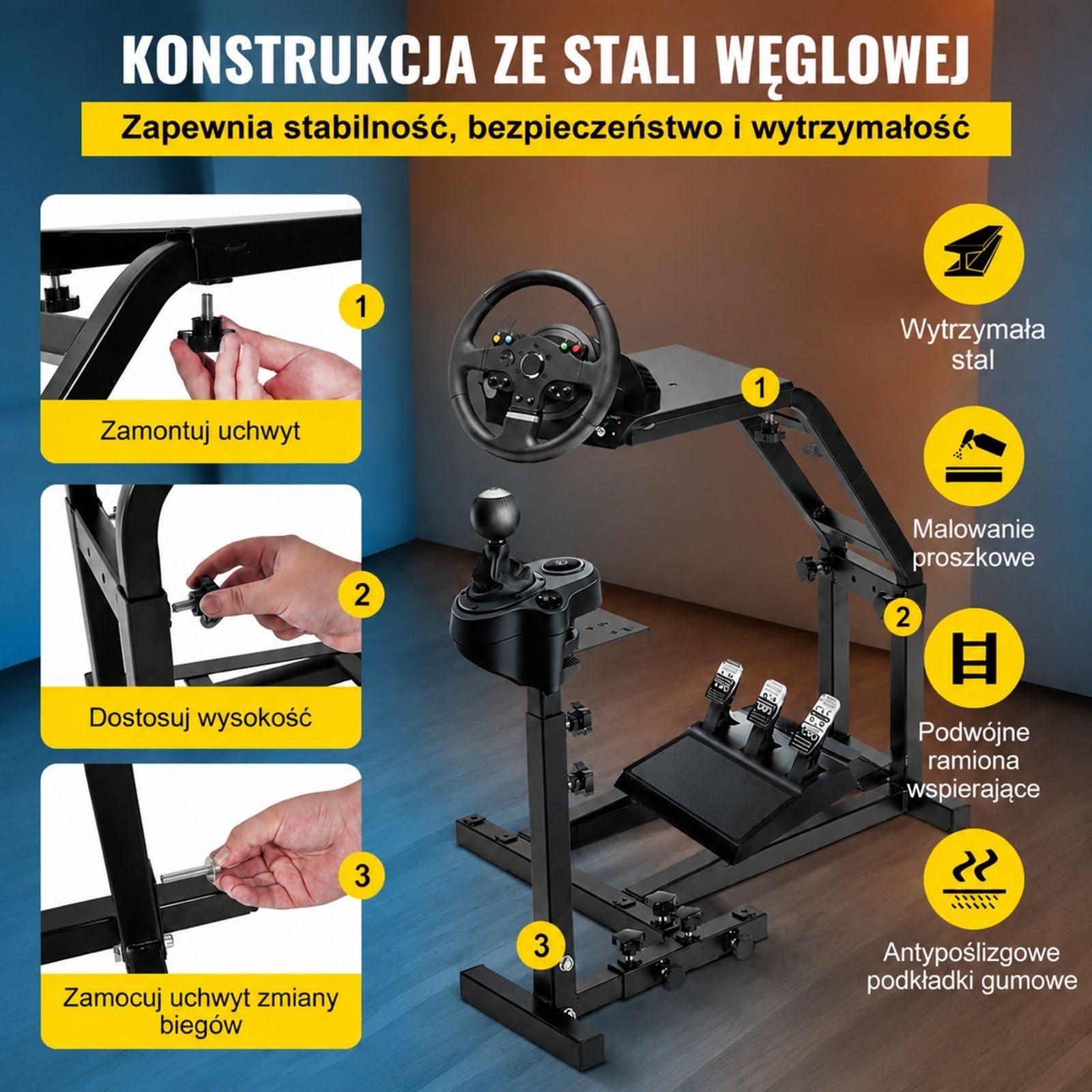 Stojak do symulatora wyścigowego na kierownicę i pedały, z regulacją wysokości i odległości, uchwytem na drążek zmiany biegów i stalową ramą