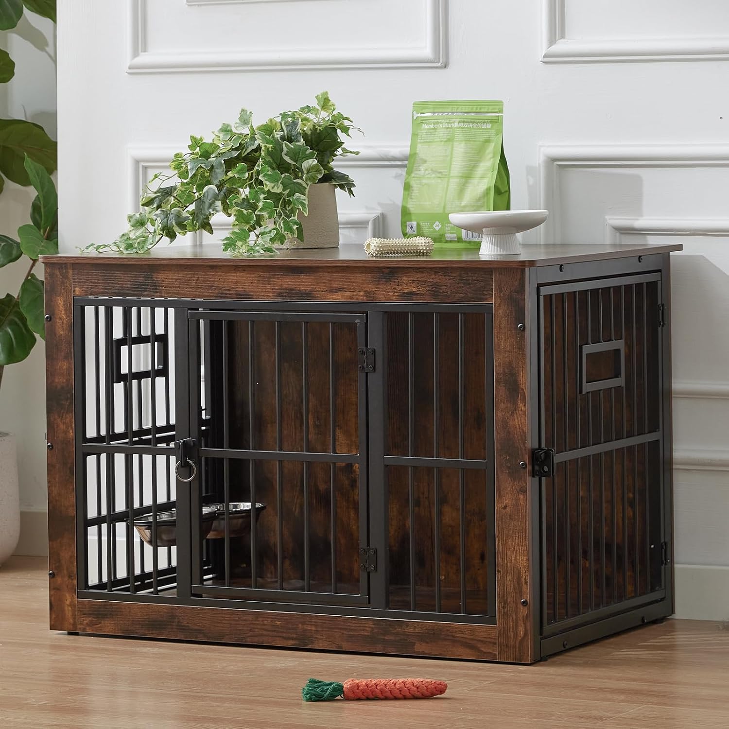 Gardner Pet Dog Cage Furniture, 99 cm Hundebox für Zuhause, moderne Hundehütte für den Innenbereich mit 3 Türen und verstellbaren Näpfen, Hundehütte aus Metall und Holz für mittelgroße Hunde, 99 x 65 x 69 cm, Vintage Brown