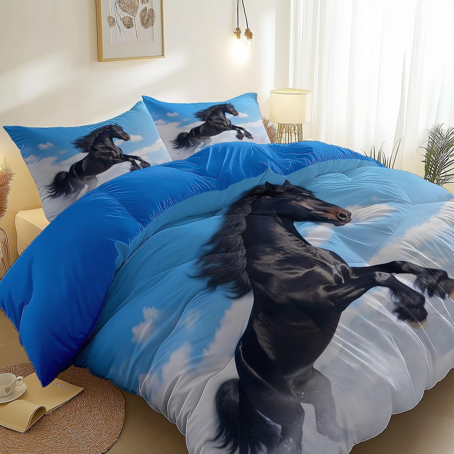 2PCS Blue Duvet Cover Set, Fantasy Snowy Mountain Black Horse Pattern Bedding with Zipper Closure, Duvet Cover Twin Size Print for Girls Kids and Teens Home Décor