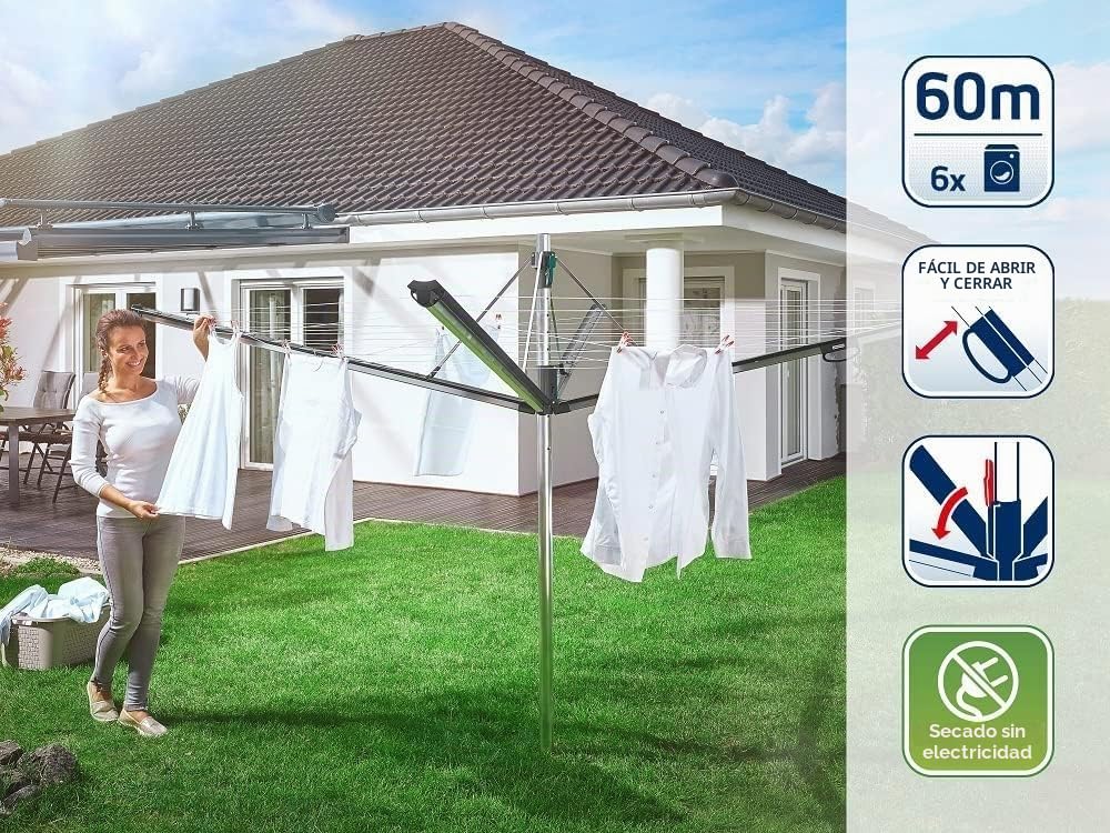 Leifheit Tendedero Rotatorio Linomatic 600 Plus, 60 m Retráctil | Altura regulable 1,09-1,75 m, tensor integrado, 8 ganchos para perchas, antracita, resistente a UV e intemperie