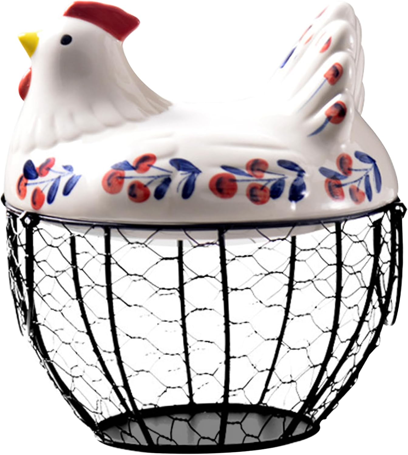 Ceramic Egg Holder, Hollow-Out Wire Chicken Egg Holder with Chicken Shaped Lid, Non Slip Basket Countertop with Handle for Gathering Fresh Eggs.