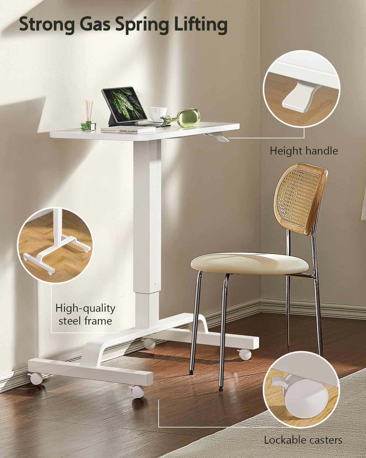 WALKINGDESK Tavolino regolabile in altezza con 4 ruote, Scrivania mobile 60 x 40 cm, Pneumatica tavolo da Letto per computer, divano, letto, Bianco