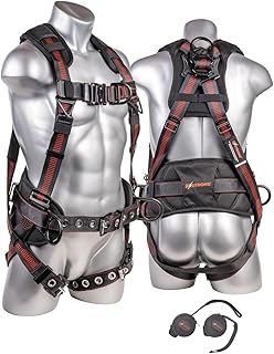 KStrong UFH10341G Kapture Epic+ 5-Point Full Body Harness, Enhanced Dorsal D-ring Plus, Front D-ring, 2 Side D-rings, Waist Pad w/Removable Tool Belt, QC Chest, TB Legs, ANSI, M-L, Black/Red
