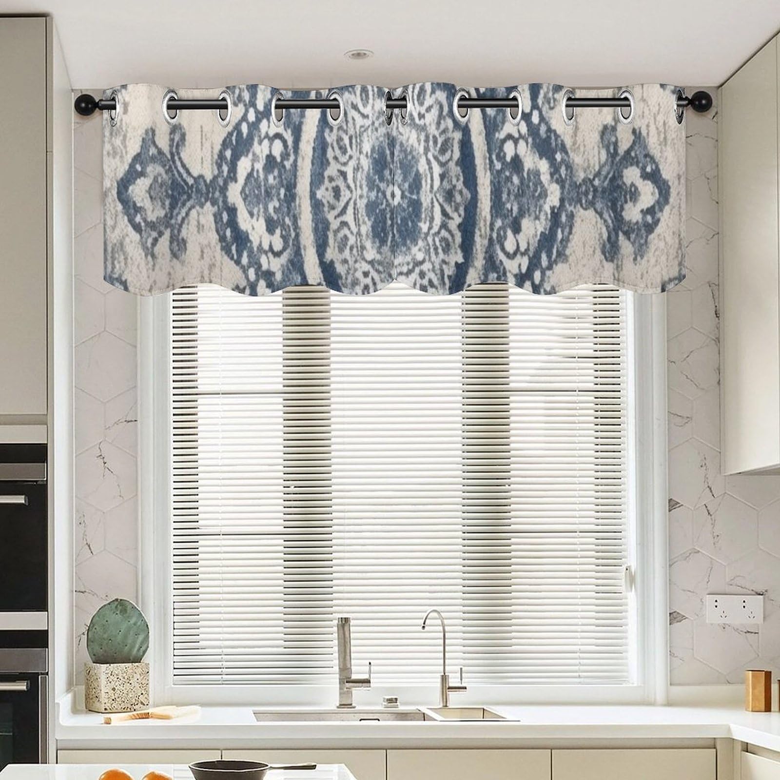 Cortinas de cocina con cenefa oriental china, juego de dos cortinas exóticas de 132 x 45 cm azul.