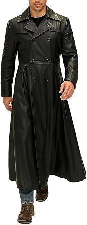 Mens Black Halloween Costume Vintage Classic Double Breasted Military Uniform Full Length Duster Leather Trench Coat