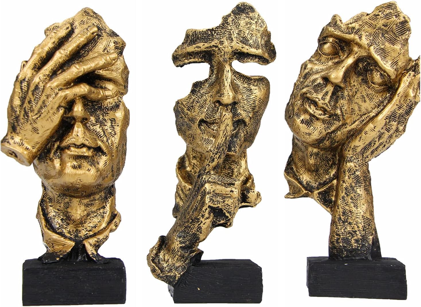 fumisee 3 Pcs Thinker Statue, Silence is Gold Abstract Art Figurine, No Hear No See No Speak Modern Home Resin Sculptures Decorative Objects Desktop Decor (Gold)