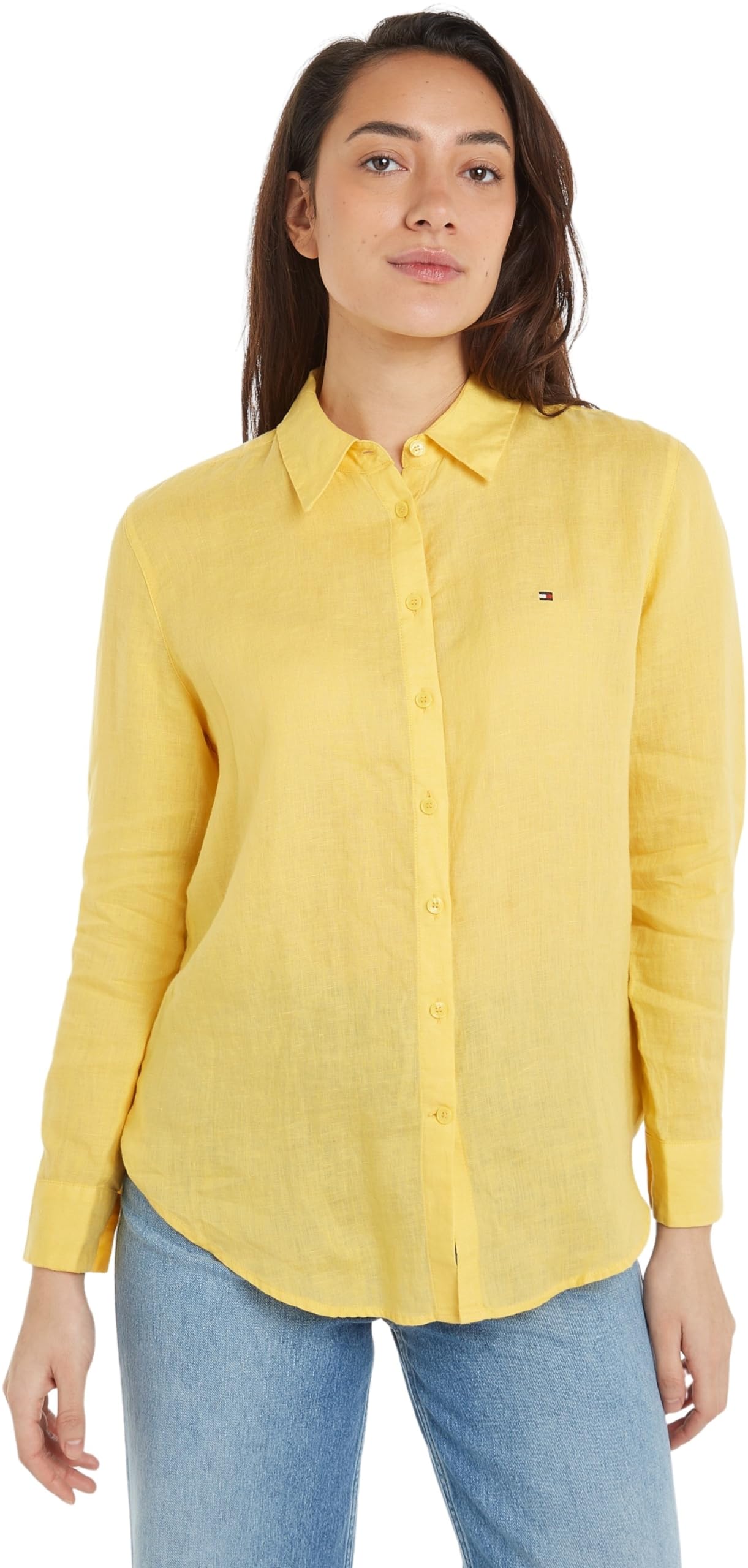 Tommy Hilfiger Women Linen Relaxed Shirt Ls Casual Shirts, Yellow, 38