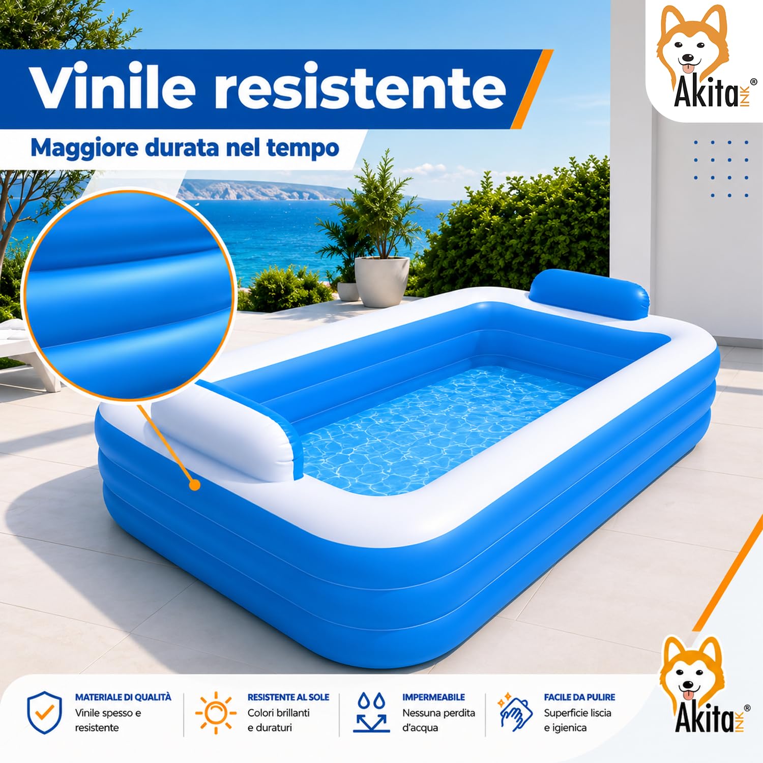 Akitaink Piscina Gonfiabile 305x183x56 cm con 3 Anelli, Piscina Familiare in Vinile Resistente per Giardino, Colori Azzurro e Bianco, Adatta ad Adulti e Bambini dai 6 Anni