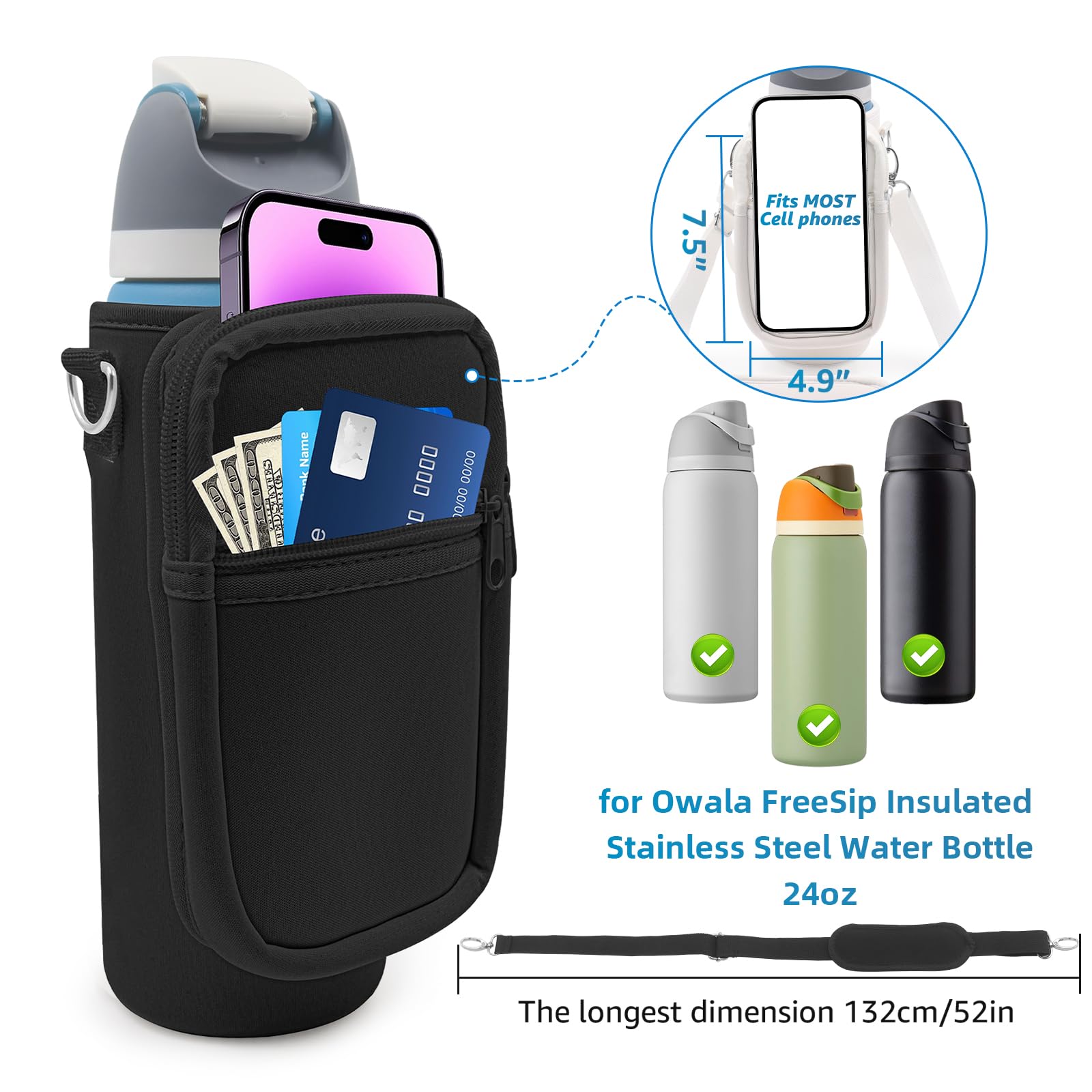 for Owala FreeSip Insulated Stainless Steel Water Bottle Cup Holder Cover Carrier Sling Bag with Strap, Pouch Pocket for Phone/Accessories, add Handle for Owala 24oz (Black-24oz)