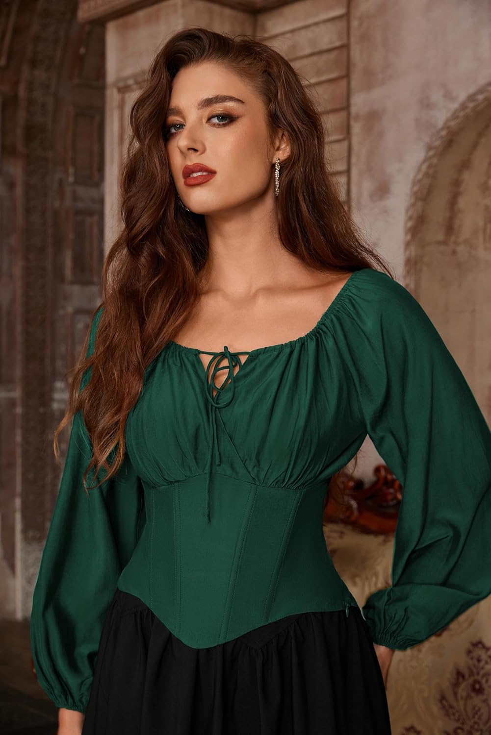 SCARLET DARKNESS Corset Tops for Women Elastic Neckline Renaissance Shirt Peasant Blouse - Image 3