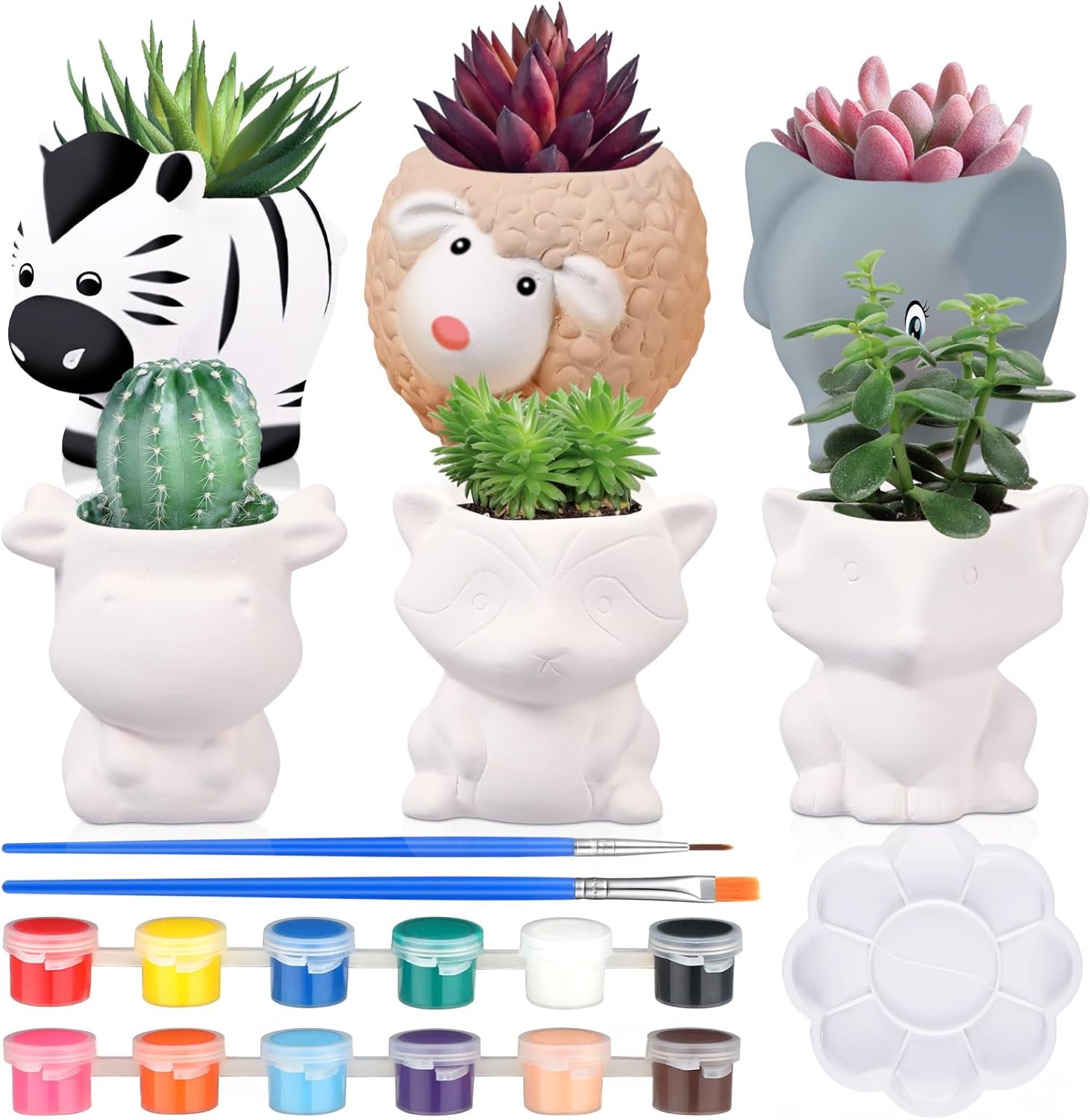6 Sets Paint Your Own Animal Shaped Succulent Planter Spring Mini Unpainted Flower Pots Cartoon DIY Paintable Kit for Kids Classroom Craft Project Activity Birthday Gift
