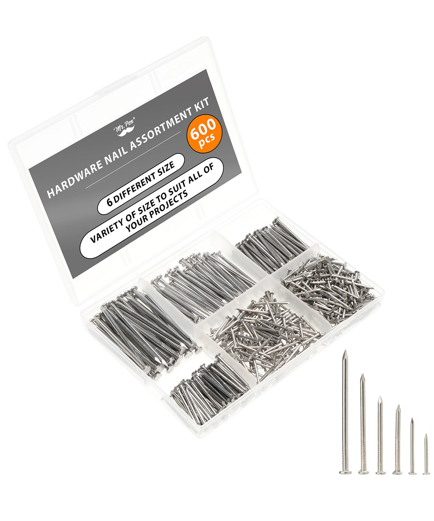 Mr. Pen- Nail Assortment Kit, 600 pcs, 6 Sizes, Stainless Steel