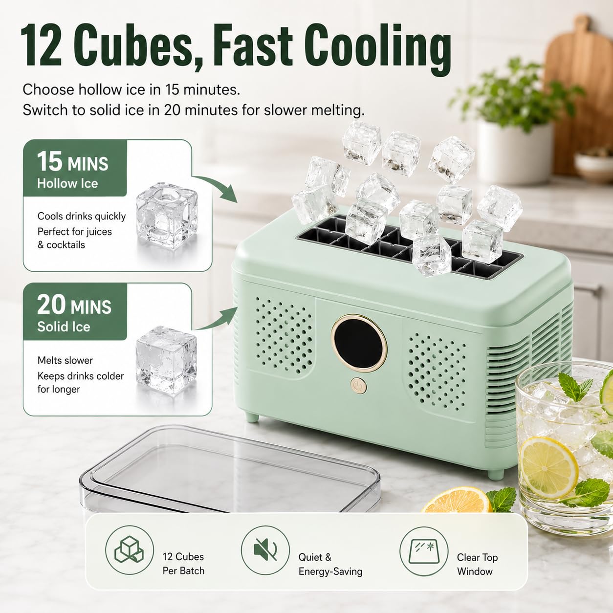 Máquina para hacer cubitos de hielo portátil con doble potencia, mini máquina para hacer hielo para automóvil de 12 V CC, hace 12 cubitos en 15 minutos, para cocina casera, viajes, cam white 12 cubes