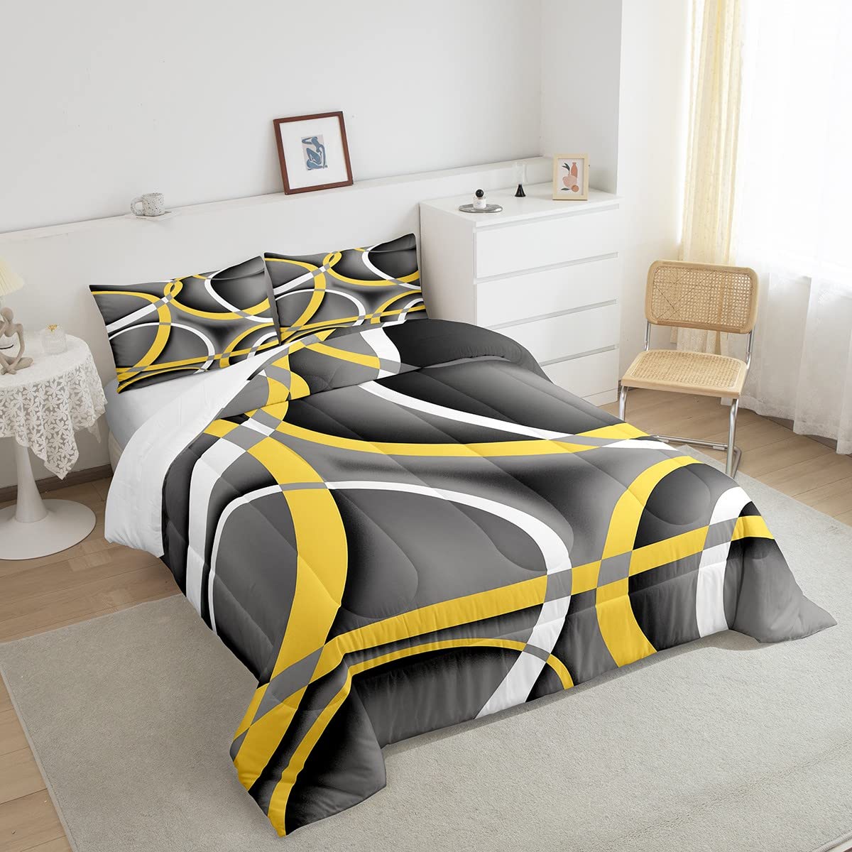 Retro Circle Geometry Comforter Set Queen Size Yellow Gray Black Bedding Set for Kids Boys Girls Bedroom Decoration Stripe Line Art Bed Duvet Insert Geometric Modern Comforter with 2 Pillowcase