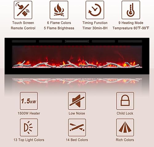 Miniatura 7 de Chimenea eléctrica de 72 pulgadas empotrada y montada en la pared, chimenea lineal LED con control remoto, ultrafina y de bajo ruido, 1500 W,