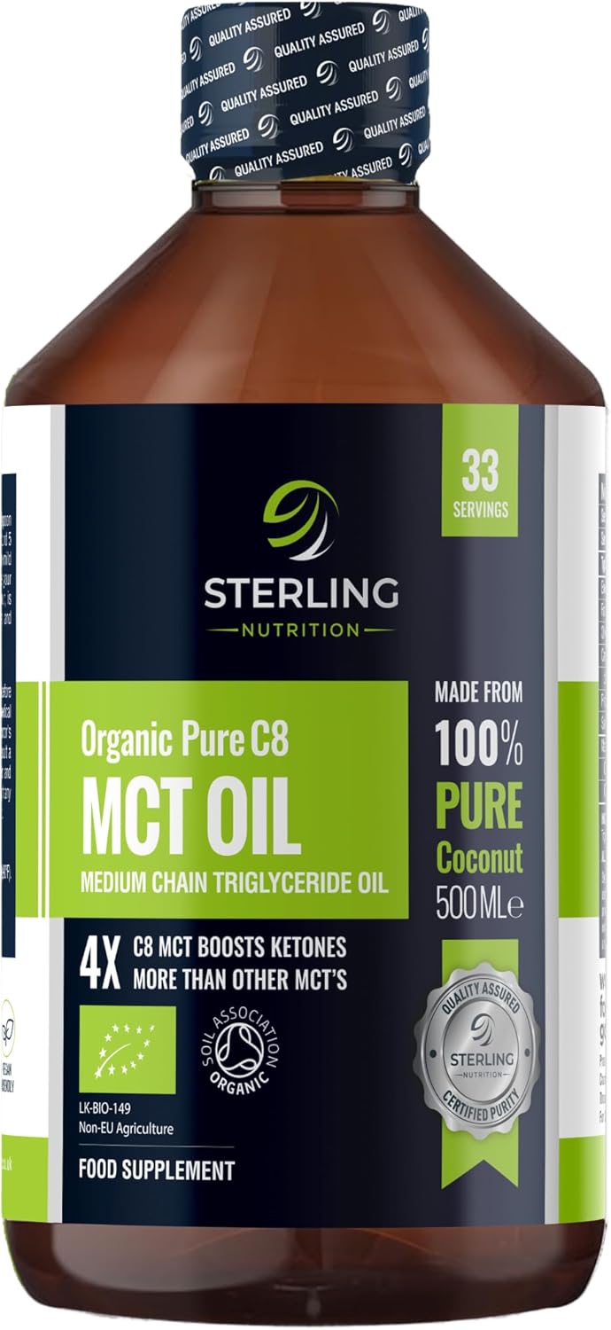 MCT Oil Organic Pure C8 Caprylic Acid, 500ml | from 100% Coconut Oil | Suitable for Keto &amp; Fasting | Vegan, Gluten-Free &amp; Lab Tested | STERLING NUTRITION