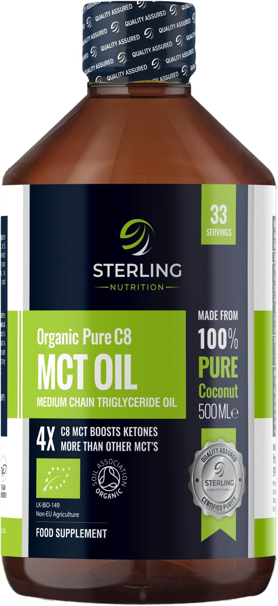MCT Oil Organic Pure C8 Caprylic Acid, 500ml | from 100% Coconut Oil | Suitable for Keto & Fasting | Vegan, Gluten-Free & Lab Tested | STERLING NUTRITION